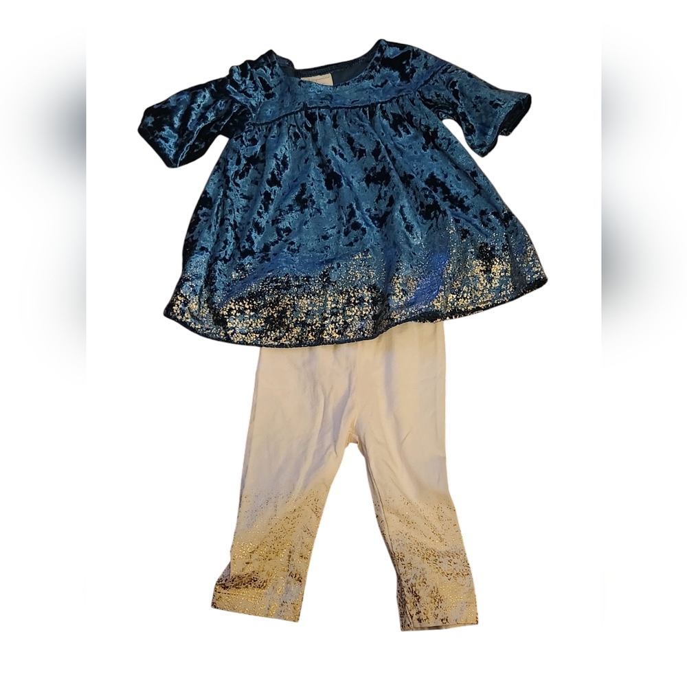 First Impressions Blue & Gold Velvet Belle Sleeve Top And Gold/Cream pants  3-6m